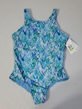 Splendid NWT Blue-Teal  Graffiti Heart Print High Neck One-Piece Girls Swim 14